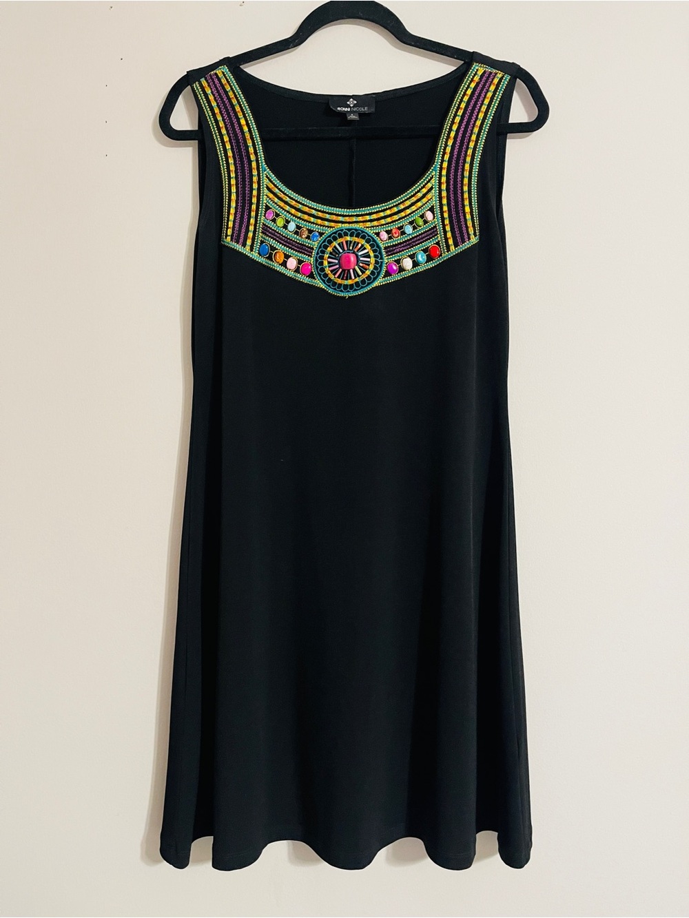 Vintage 90’s Ronni Nicole Black Boho Chic Sleeveless Mini Dress Beaded Neck Sz 8